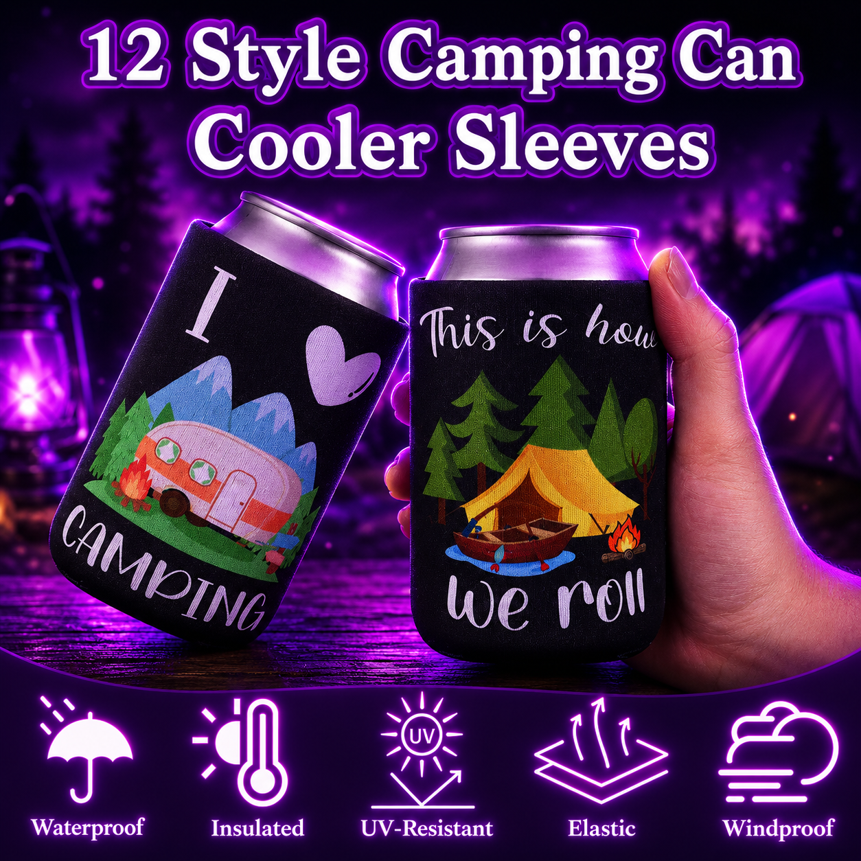 Camping Can Cooler Sleeve Set – 4 Pack